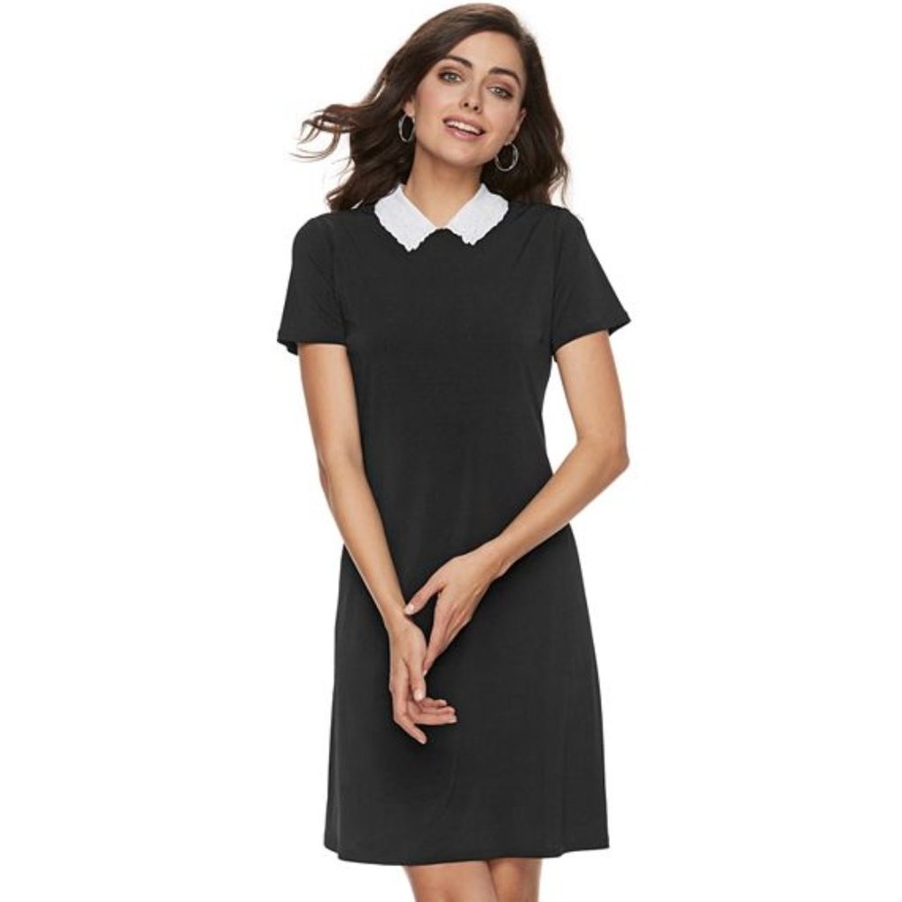 ELLE  Embroidered Black and White Collar Sheath Dress